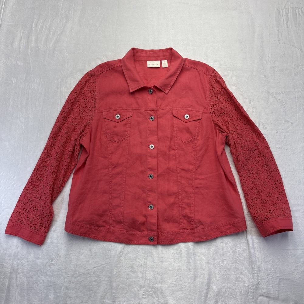 Chicos Linen Jacket Lace Sleeves Size 3 (XL) Coral Boho Cottagecore